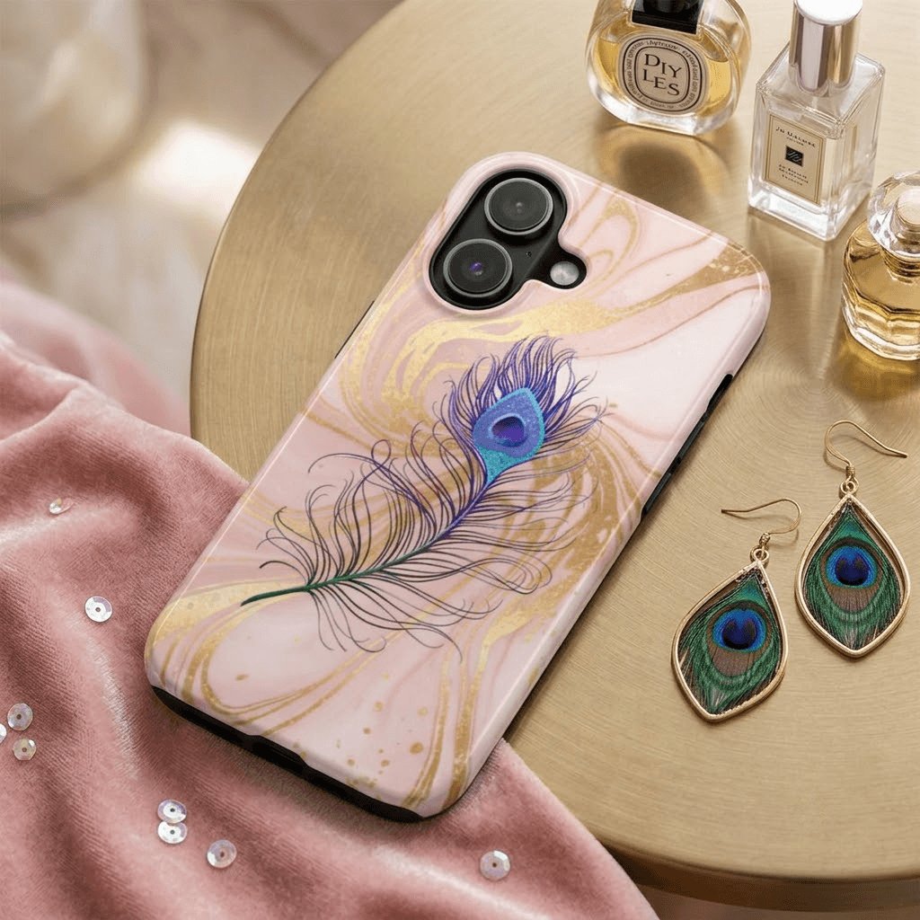 Pink Marble Peacock Feather Phone Case - Fashion | Edgvance
