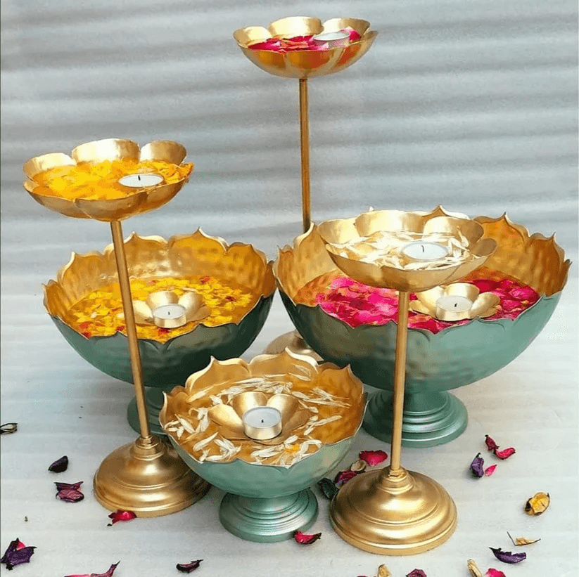 Spherevant Gold And Green Brass Decorative Bowl Stand For Home Decor Pack Of Set Of 6
