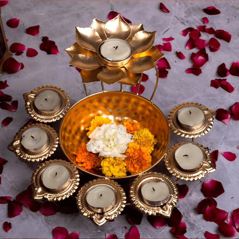 Spherevant Gold Brass Diya Stand For Home Decor