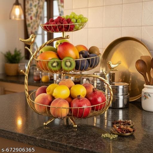 Spherevant Gold Metal Fruit Basket Stand For Kitchen Pack Of 3
