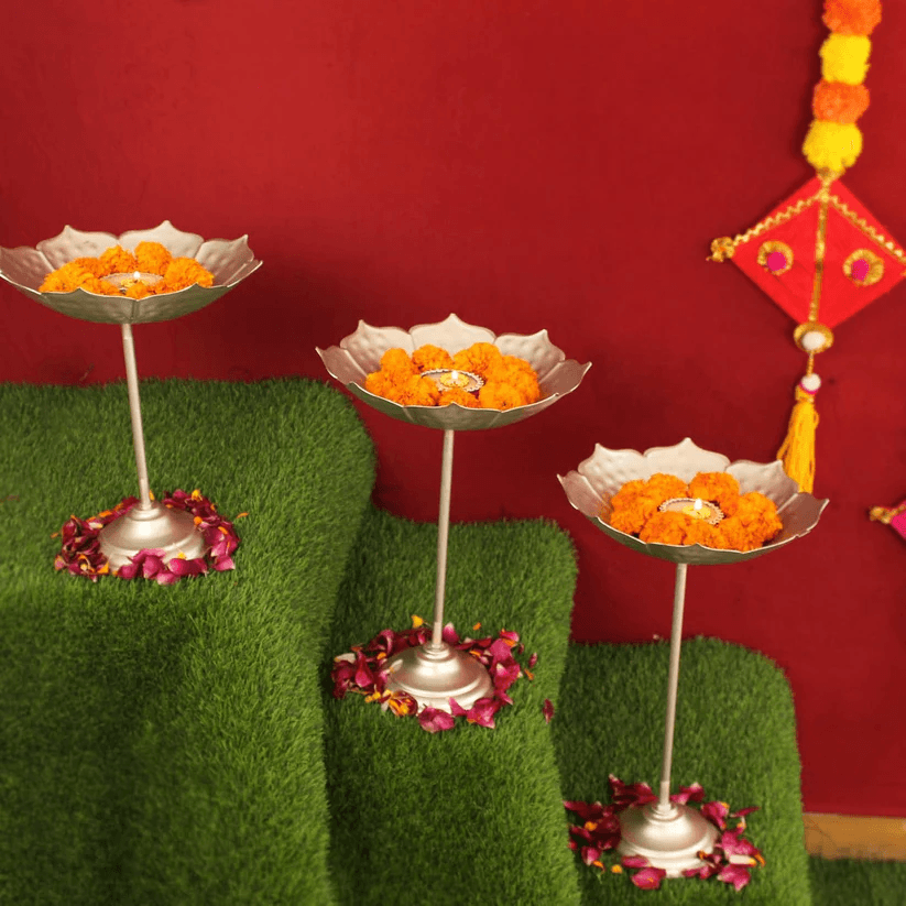 Spherevant Gold Metal Diya Stand For Pooja Pack Of 3