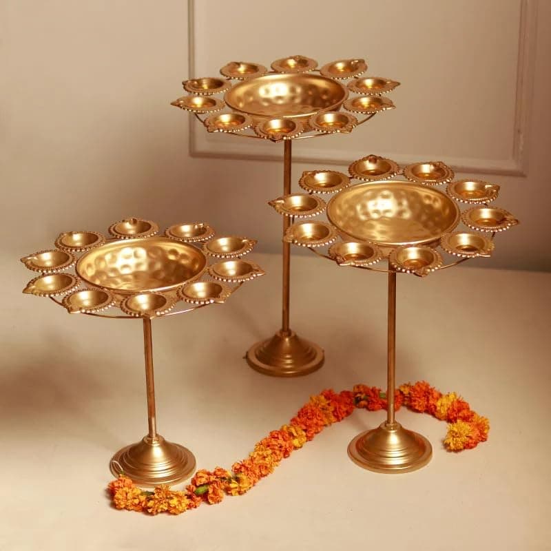 Spherevant Gold Brass Diya Stand For Pooja Pack Of 3